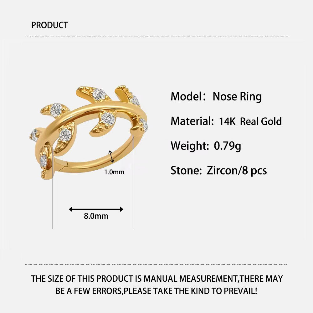 Genuine 14K Solid Gold Nose Ring Piercing Body Jewelry Leaf Shape Nose Ring with Zircon