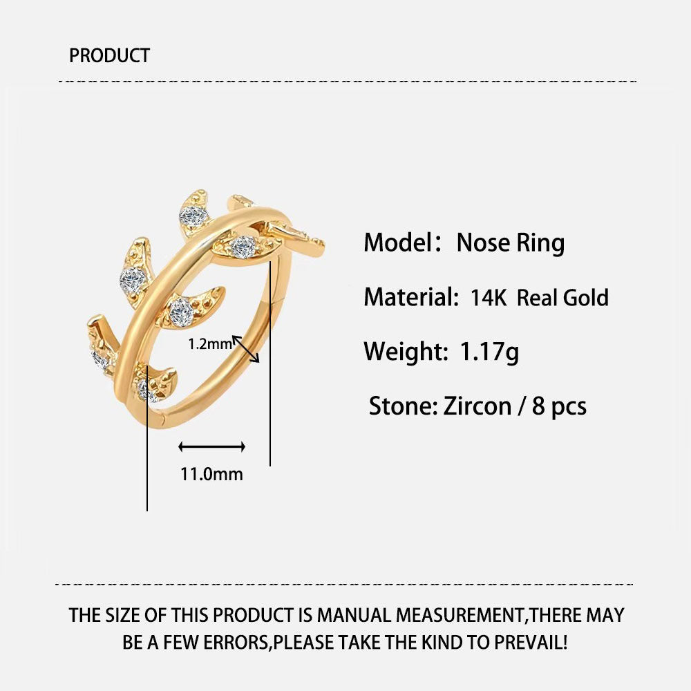 Genuine 14K Solid Gold Nose Ring Piercing Body Jewelry Leaf Shape Nose Ring with Zircon