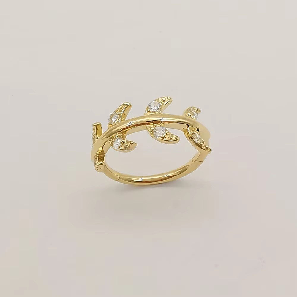 Genuine 14K Solid Gold Nose Ring Piercing Body Jewelry Leaf Shape Nose Ring with Zircon