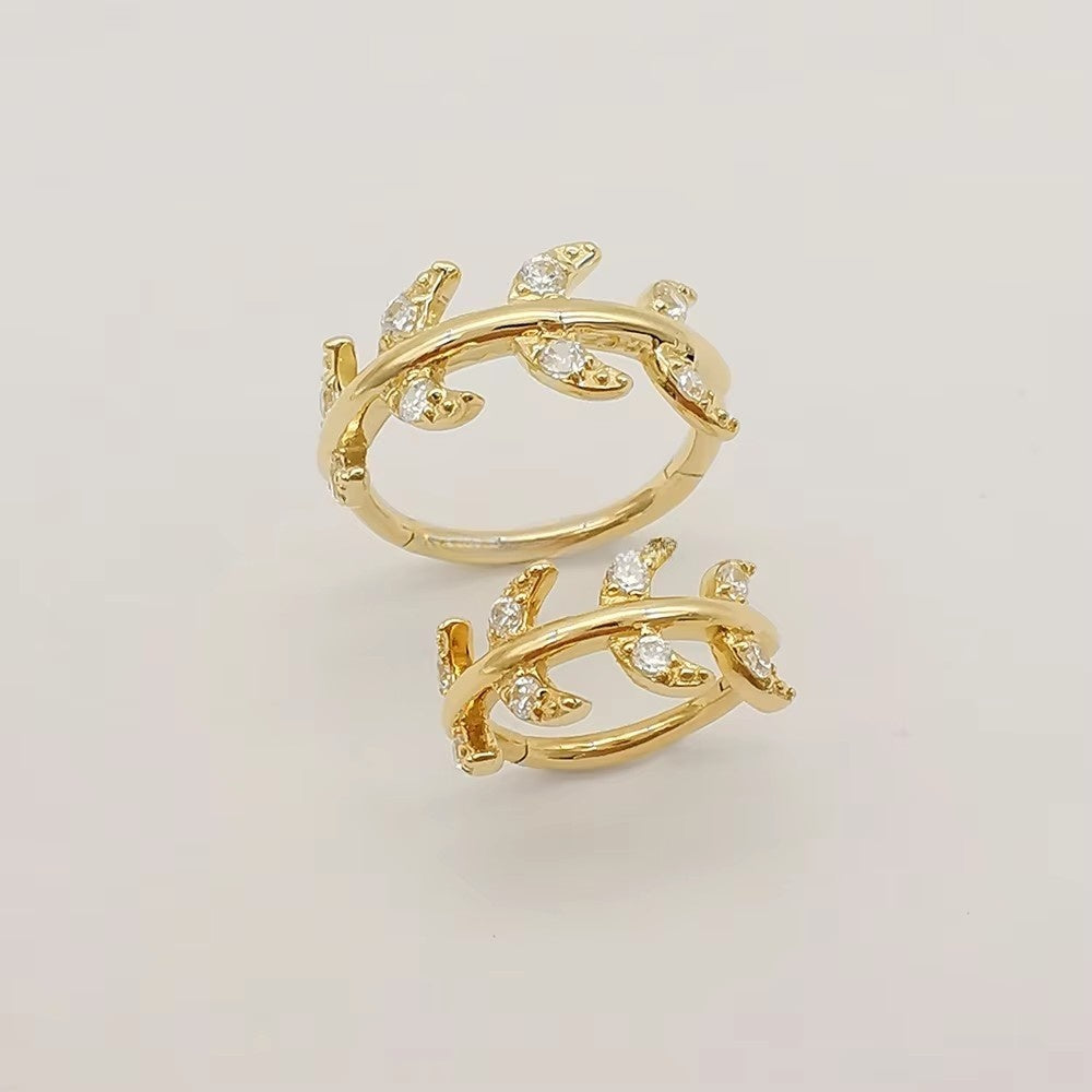 Genuine 14K Solid Gold Nose Ring Piercing Body Jewelry Leaf Shape Nose Ring with Zircon