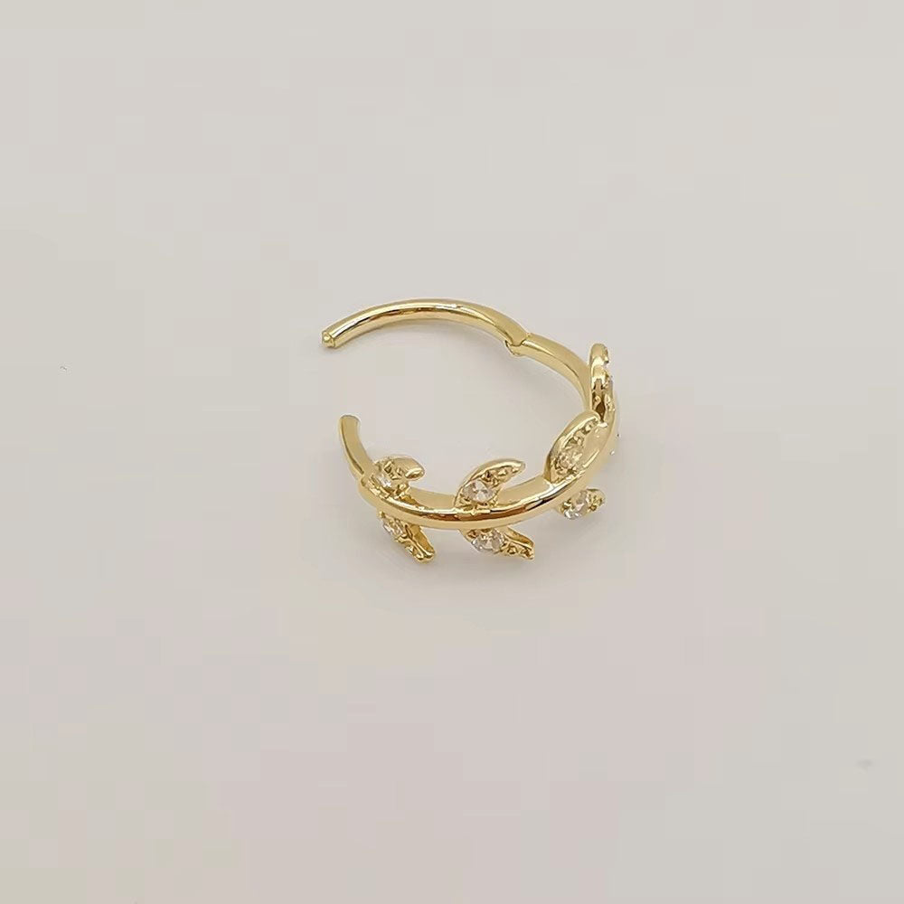 Genuine 14K Solid Gold Nose Ring Piercing Body Jewelry Leaf Shape Nose Ring with Zircon