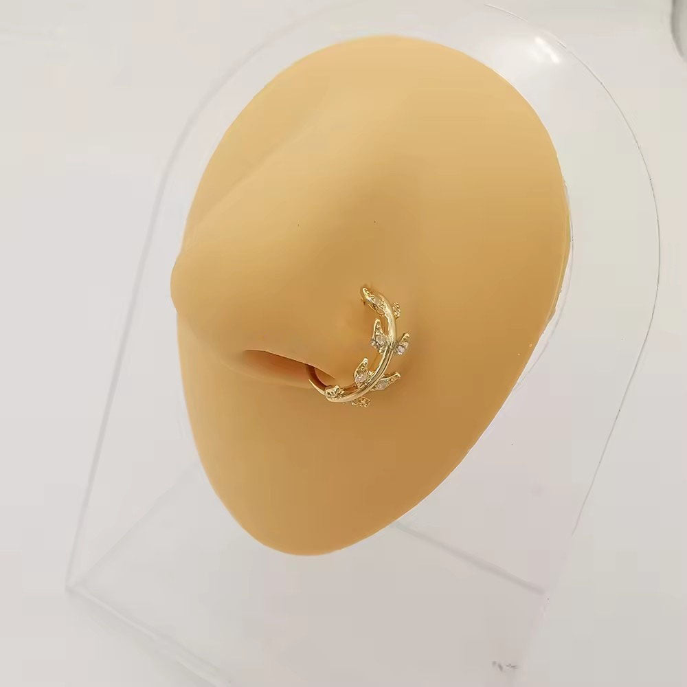 Genuine 14K Solid Gold Nose Ring Piercing Body Jewelry Leaf Shape Nose Ring with Zircon