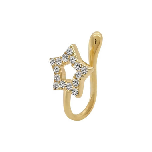 Genuine 14K Solid Gold Nose Clip Non Perforated Body Jewelry Star Shape Zircon Setting Nose Stud Nose Ring