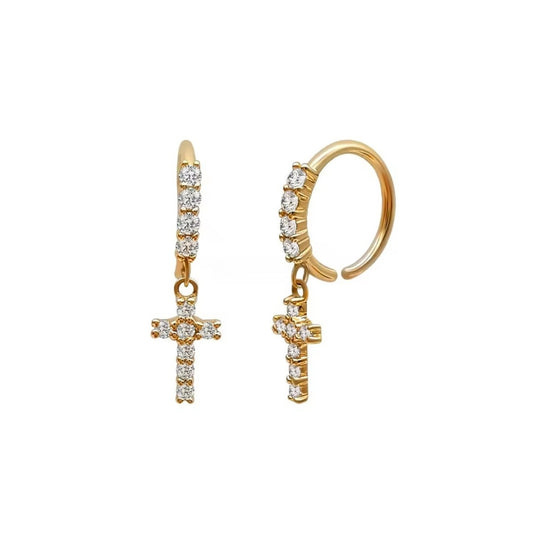 Genuine 14K Solid Gold Nose Ring Piercing Body Jewelry Cross Charm Nose Ring with Zircon
