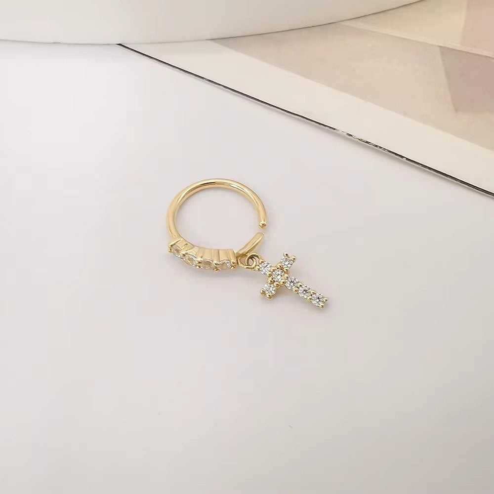 Genuine 14K Solid Gold Nose Ring Piercing Body Jewelry Cross Charm Nose Ring with Zircon