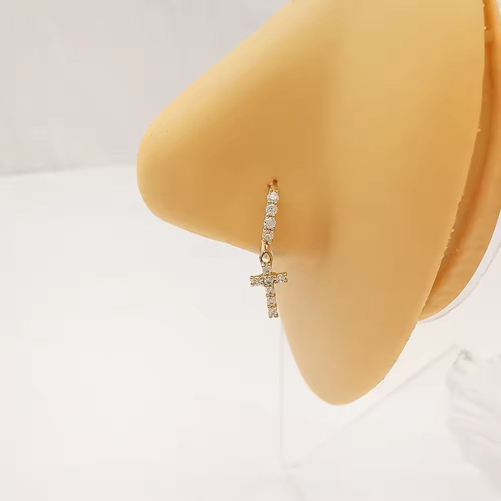 Genuine 14K Solid Gold Nose Ring Piercing Body Jewelry Cross Charm Nose Ring with Zircon