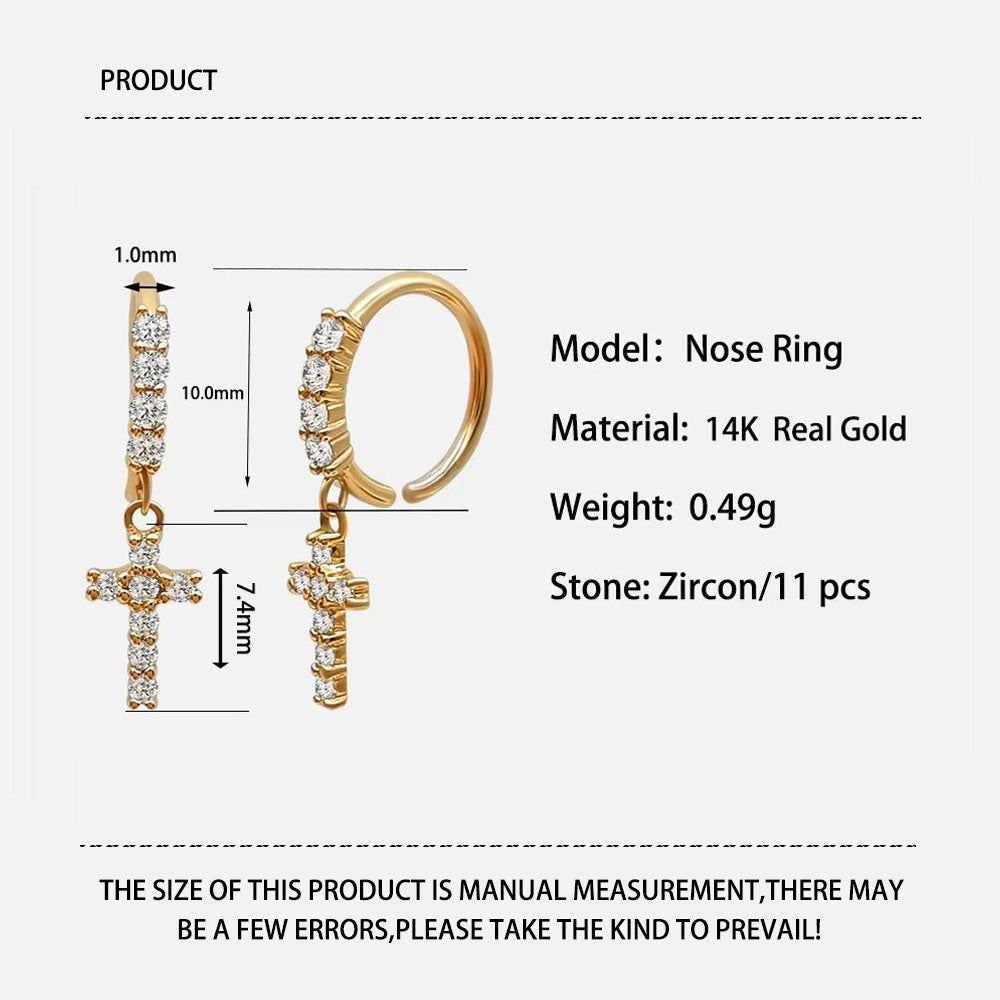 Genuine 14K Solid Gold Nose Ring Piercing Body Jewelry Cross Charm Nose Ring with Zircon